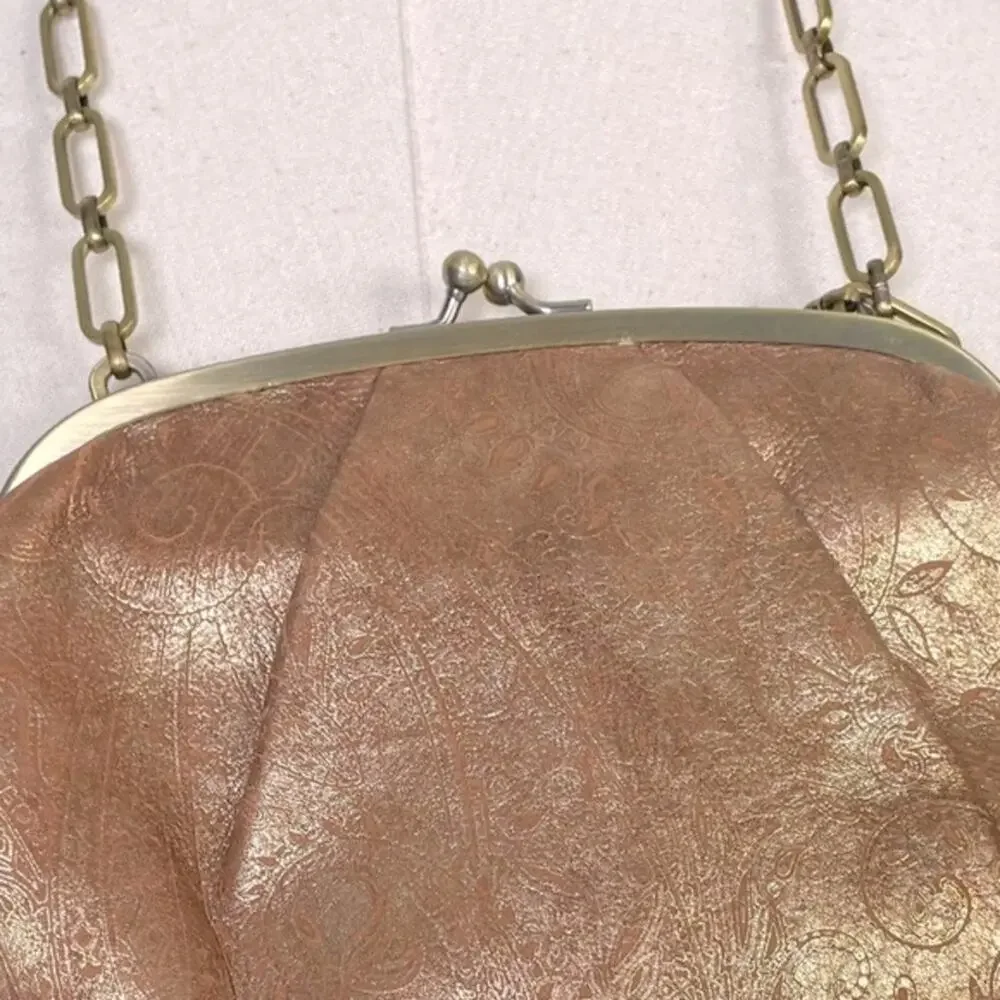 Vintage 90s Monsac Leather Gold Floral Embossed Gold Chain Handle Purse Bag